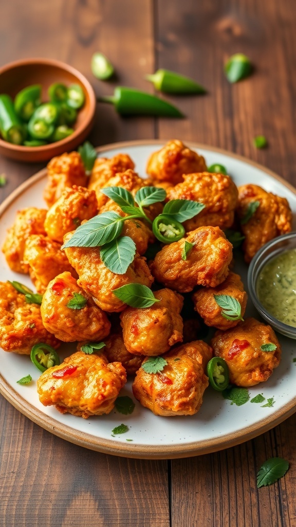 Crispy Chicken 65 served with mint chutney and garnished with curry leaves and green chilies.